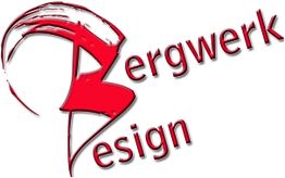Ein rotes Logo mit dem Schriftzug "Bergwerk Design" in künstlerischer Schriftart.