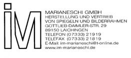 Geschäftskarte von Marianeschi GmbH, Herstellung von Spiegeln und Bilderrahmen, mit Kontaktdaten.