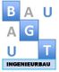 Blau-weiße Buchstaben bilden die Wörter "Bau" und "Gut", darunter steht "Ingenieurbau".