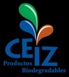 Logo con texto "CEIZ Productos Biodegradables", gotas verdes, azules y naranjas sobre negro.