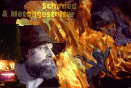 Porträt eines Schmieds mit Feuer, Metallskulpturen und dem Text "Schmied & Metallgestalter".