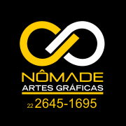 Logotipo da Nômade Artes Gráficas com telefone 22 2645-1695. Cores: amarelo e branco.