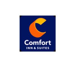 Comfort Inn & Suites logo with an abstract orange and yellow "C" on a blue background.