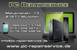PC Reparaturservice Anzeige mit Kontaktinformationen und Geräten im Hintergrund.