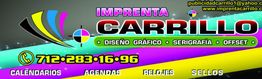 Banner de "Imprenta Carrillo" con teléfonos y servicios de diseño gráfico, serigrafía y offset.