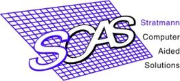 Logo mit Schriftzug "SCAS", Gitternetz im Hintergrund, Text: "Stratmann Computer Aided Solutions".