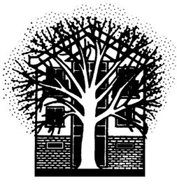 Baum vor einem Haus, dessen Äste die Form des Hauses ergänzen. Minimalistisches Design.