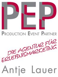 Logo mit dem Text: PEP Production Event Partner, Die Agentur für Erlebnismarketing, Antje Lauer.