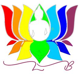 Silhouette de Bouddha sur une fleur de lotus arc-en-ciel, avec les initiales "B" en bas.