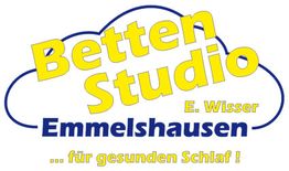 Logo für "Betten Studio Emmelshausen" mit gelbem Text auf einer blauen Wolke.