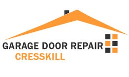 Garage Door Repair Cresskill logo with an orange roof design and black, orange squares.