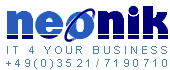 Logo der Firma neonik mit Slogan und Telefonnummer in Blau.