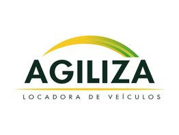 Logo da Agiliza Locadora de Veículos com arco amarelo e verde acima do nome em preto.