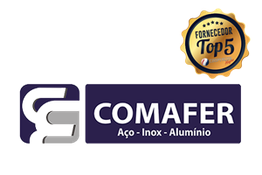 Logotipo da Comafer com selo "Fornecedor Top 5", texto: Aço, Inox, Alumínio.