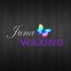 Logo: "Juna Waxing" in Schrift, bunter Schmetterling auf dunklem Hintergrund.
