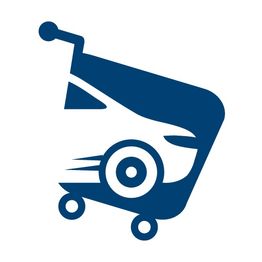 Carro azul en forma de carrito de compras, mezclando coche con carrito de supermercado.