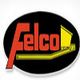 Felco logo, red text with a yellow geometric shape on a black oval background.