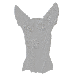 Geprägtes Relief eines Hundes mit großen Ohren, neutralem Gesichtsausdruck.