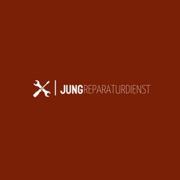 Logo mit Schraubenschlüssel und Hammer, daneben Text: "Jung Reparaturdienst" auf rotem Hintergrund.