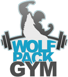 Logotipo de gimnasio con lobo y pesas. Letras azules y grises: "Wolf Pack Gym".