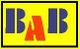 Gelbes Rechteck mit den Buchstaben "BAB" in Blau und Rot.