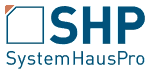 Logo von SHP SystemHausPro mit stilisiertem Quadrat und Schrift in Blau.