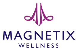Logo von Magnetix Wellness, mit lila Symbol und blauer Schrift.