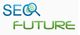 Logo mit blauem "SEO" und grünem "FUTURE", Lupensymbol als "O".