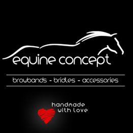Schwarzes Logo mit Pferdemotiv: "equine concept". Text: Stirnbänder, Trensen, Accessoires.