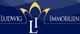 Blaue Grafik mit goldener Krone, Schriftzug "Ludwig Immobilien" und Buchstabe "L" in der Mitte.