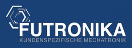 Blaues Logo mit weißer Schrift: "Futronika - Kundenspezifische Mechatronik" und geometrischem Muster.