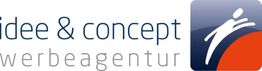 Blau-orange Logo mit Schriftzug "idee & concept werbeagentur" und stilisiertem Mensch auf Halbkreis.