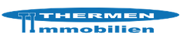Blaues Logo von Thermen Immobilien mit stilisiertem Gebäude und ovaler Einfassung.