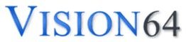 Logo mit der Aufschrift "Vision64" in blauer und grauer Schrift.