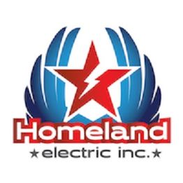 Logo of Homeland Electric Inc. featuring a red star and blue wings design.