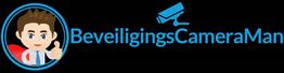 Logo met cartoonfiguur en tekst "BeveiligingsCameraMan" met een beveiligingscamera-icoon.