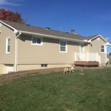 Beige house with white trim, grassy lawn, and a dog in the yard under a clear blue sky.