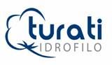 Logo di "Turati Idrofilo" con disegno stilizzato di cotone blu e testo in grigio.