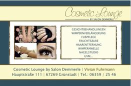 Visitenkarte der Cosmetic Lounge mit Leistungen wie Gesichtsbehandlungen, Fußpflege, uvm.