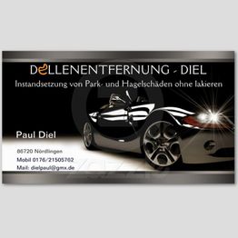 Visitenkarte von Dellendienst mit glänzendem Auto, Kontaktinfos und Angeboten zur Schadenreparatur.