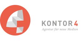 Logo von "KONTOR 4", Agentur für neue Medien, mit stilisiertem Symbol auf rotem Kreis.