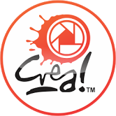 Logo circular con cámara roja y texto "Crea!" en negro.