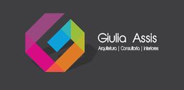 Logotipo colorido com texto: "Giulia Assis - Arquitetura, Consultoria, Interiores" fundo cinza escuro.