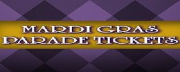 "Mardi Gras Parade Tickets" text on a purple and yellow checkered background.