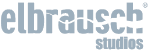 Logo mit dem Text "elbrausch studios" in hellgrauer Schrift auf weißem Hintergrund.