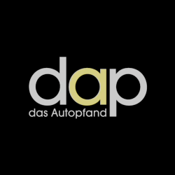 Schwarzes Logo mit grauem "dap" und gelbem "a", darunter "das Autopfand" in kleinerer Schrift.