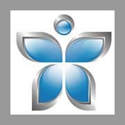 Blue and silver abstract butterfly-like logo on a gray background.