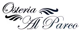 Schriftzug "Osteria Al Parco" mit dekorativen Schnörkeln in schwarzer Kursivschrift.