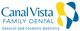 Logo of Canal Vista Family Dental with abstract tooth design in blue and yellow.