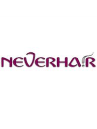 Schriftzug "never hair" in lila und grau auf weißem Hintergrund.